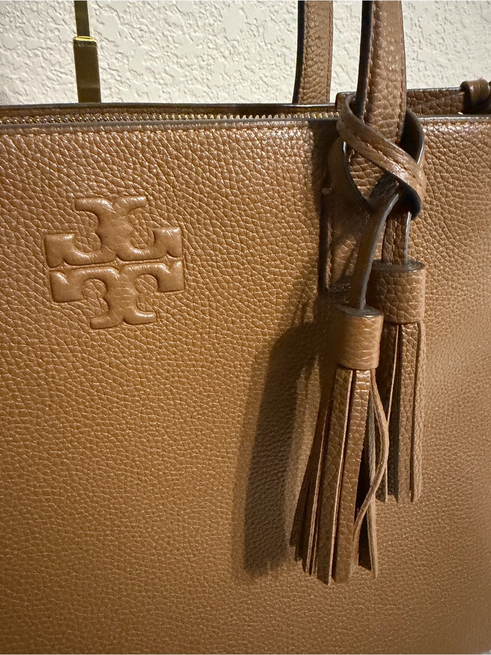 Tory Burch Thea Pebbled Leather Tote with Tassel in Moose Brown - Picture 2 of 15